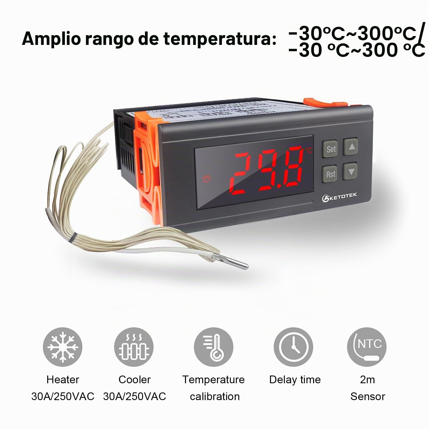 KETOTEK Controlador de temperatura -30℃~300℃, Digital Termostato Calefacción y Refrigeración con Sonda AC 220V 30A, 1 Relés Control de Temperatura para Incubadora Reptiles