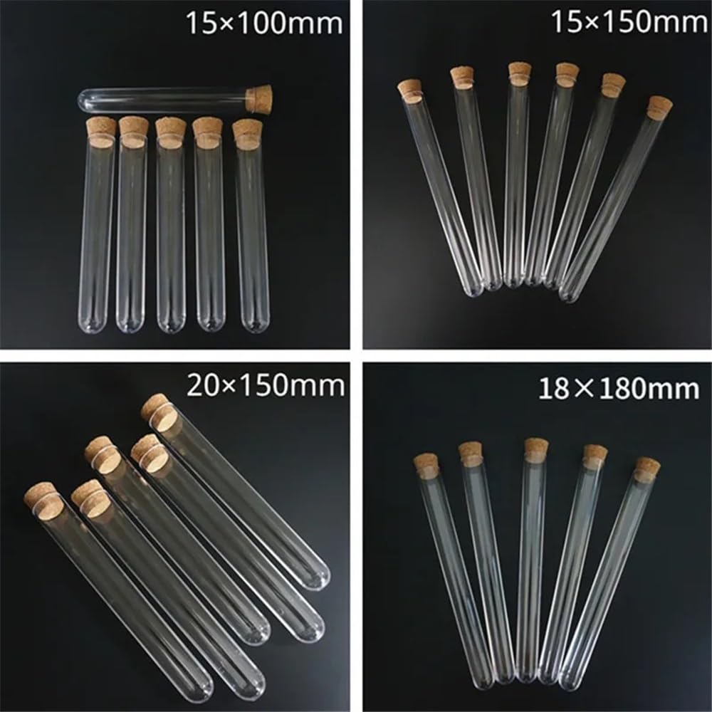 Lote de 100 tubos ensayo plástico transparente 12 a 25 mm diámetro con tapones corcho Equipamiento de laboratorio