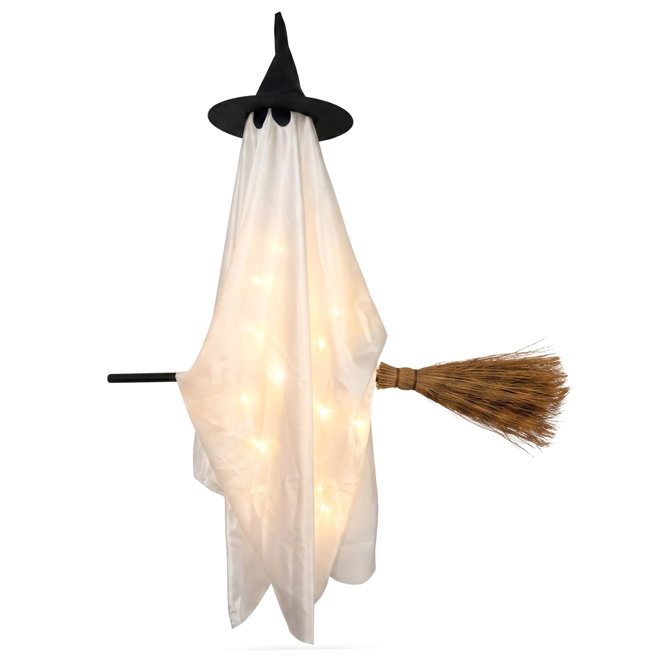 Halloween Lights Hanging Ghost Decor with Witch Broom for Lawn Patio Porch Backyard Front Yard Haunted House (White) Halloween