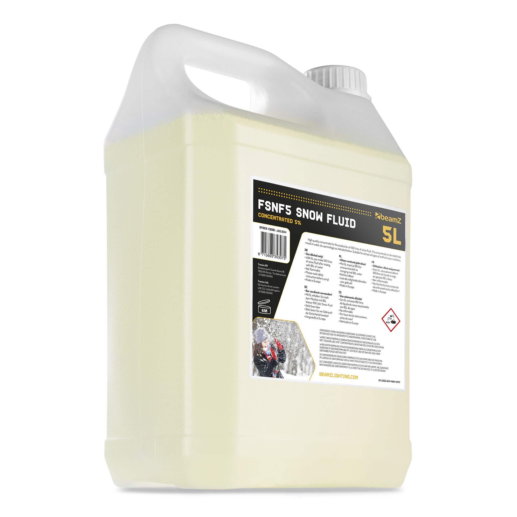Beamz FSNF5 Líquido para Máquinas de Nieve Concentrado 5L, CREA 100L de Líquido para Nieve, Líquido para Máquinas de Nieve no inflamable para Efectos realistas, Compatible Amplia Gama de máquinas