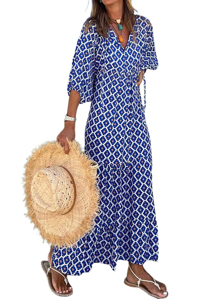 ticticlily Vestido Verano Mujer Largo Boho Elegante Casual Vestidos Manga Corta/sin Manga y Cuello V Estampado Vestidos de Playa Casa Fiesta Vestido Maxi Midi Largo Ocio Suelto Talla Grande