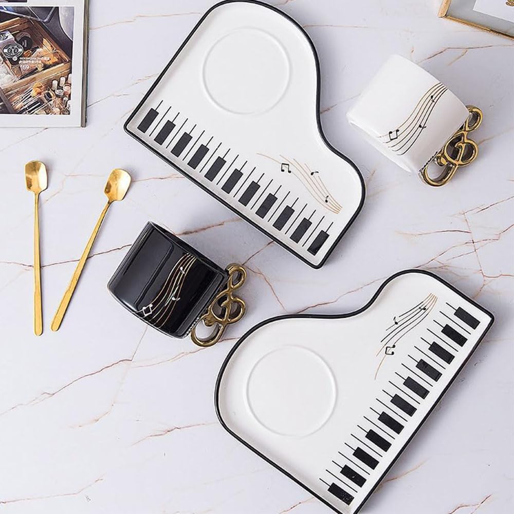 Tazze in Ceramica con Note Musicali con Piattino e Cucchiaino, Tazze da Caffè Creative con Tema Piano, Tazze da Cappuccino 200 ml, Tazze da Caffè in Porcellana, Tazze Mocha in Set Regalo (Bianco