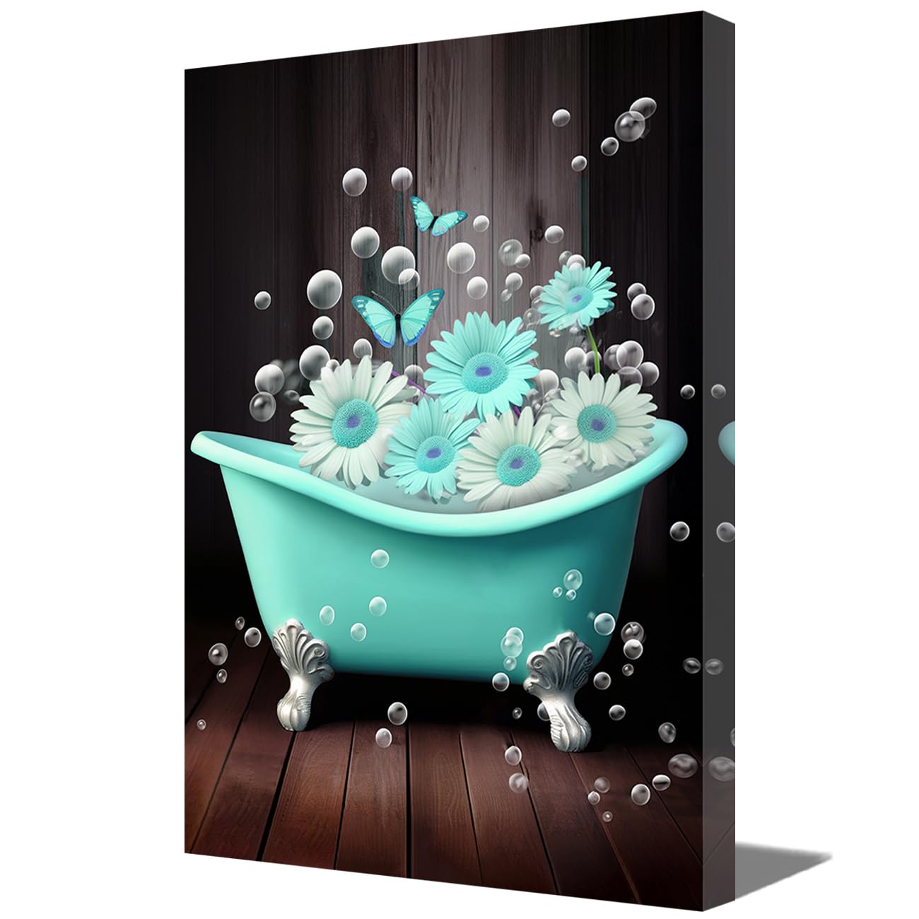 LMYSXAOZ Bathroom Wall Art Rustic Teal Daisy Flower Picture Prints on Canvas Turquoise in Bathtub Painting for Farmhouse Home Decor (Teal,16.00" x 24.00")
