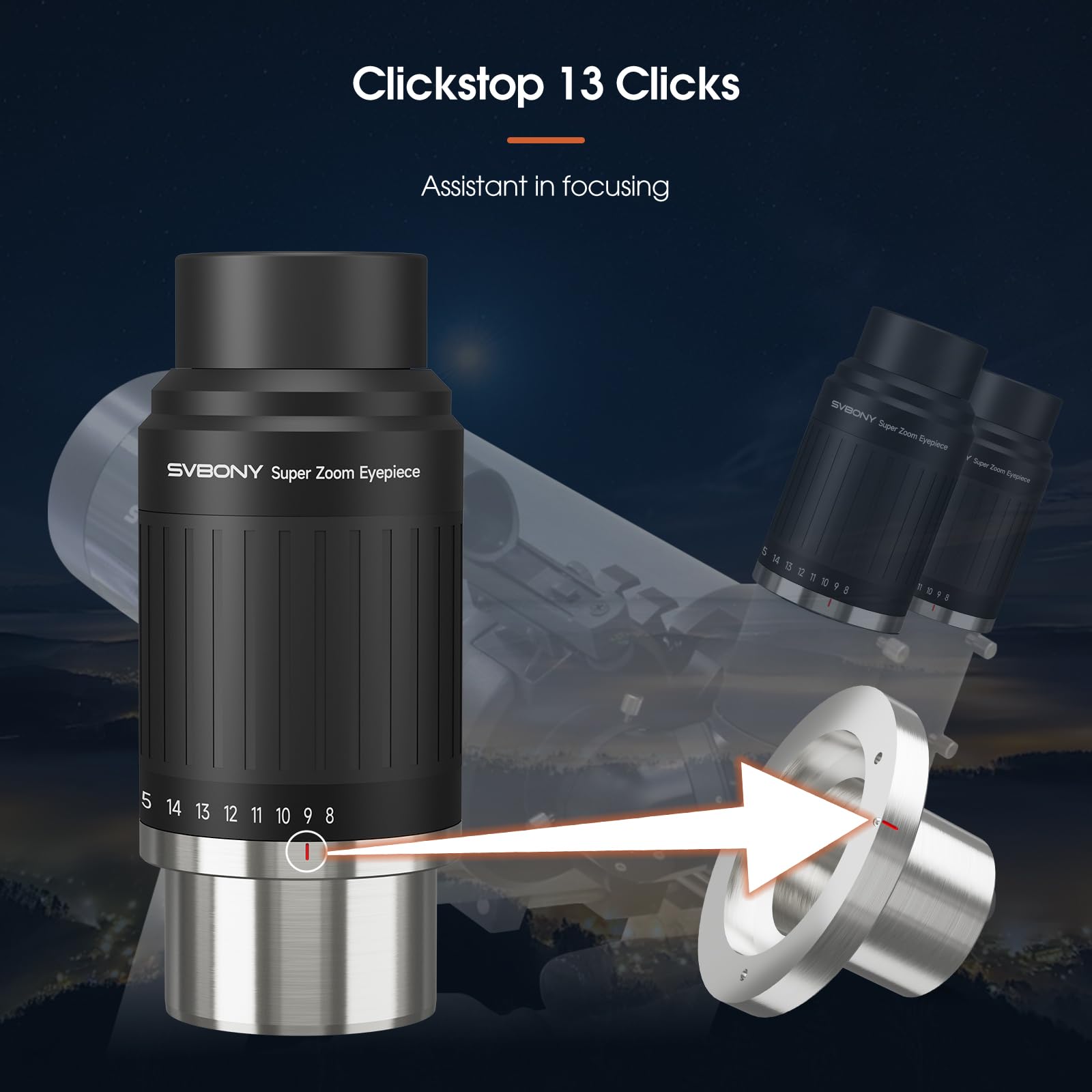 SVBONY SV230 Teleskop Okular 1,25 Zoll Zoom Okular mit asphärischer Linsenstruktur, 2 Zoll Zoomobjektiv mit Parfokaldesign, 57 bis 72 Grad Teleskop Zubehör für Planetenbeobachtung Visual