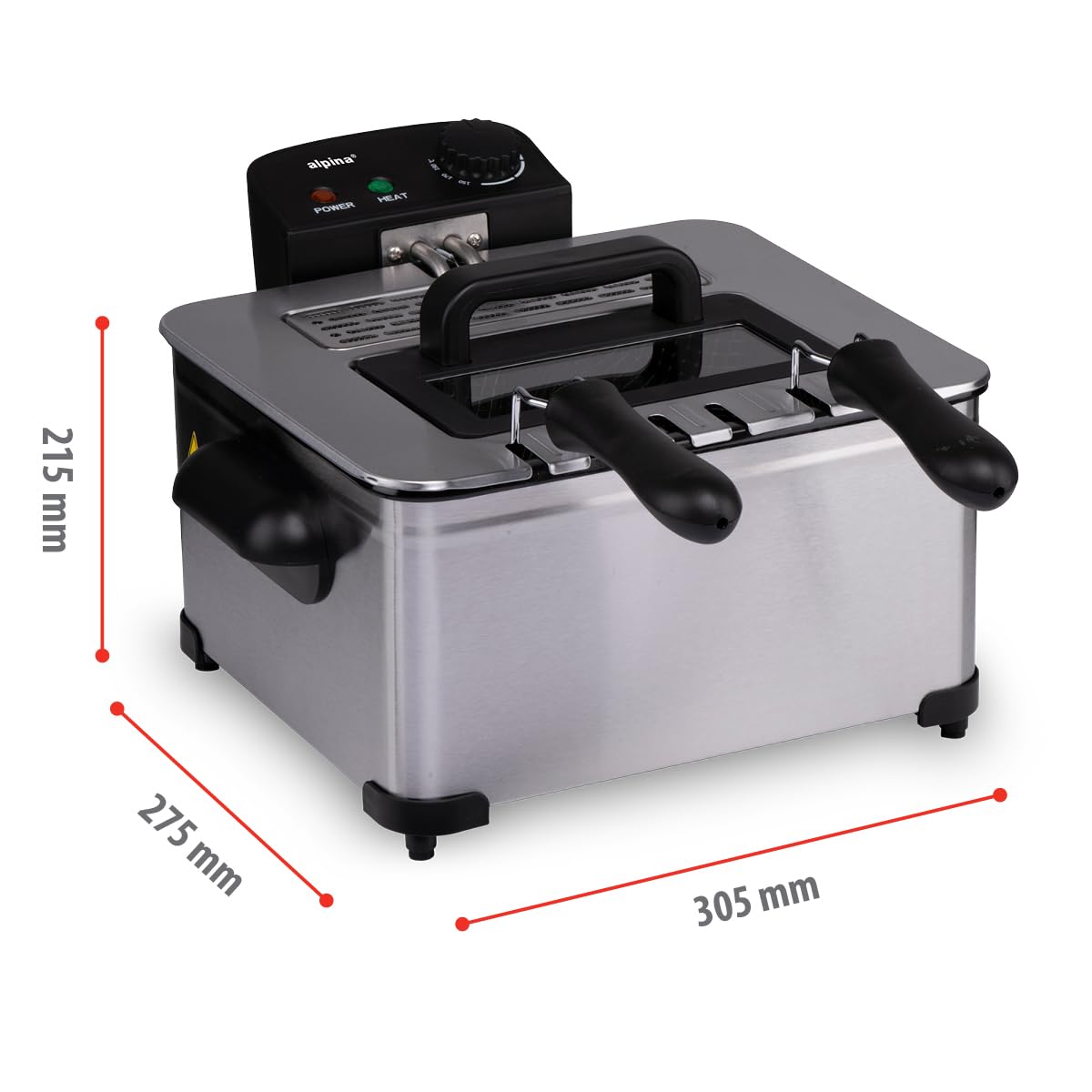 alpina Freidora 5 litros - Freidora con grasa - Freidora aceite 200W - Dos cestas de freír - Temperatura ajustable - para 4 a 6 personas - 275 x 215 x 305 mm - Metal - Negro/Plata