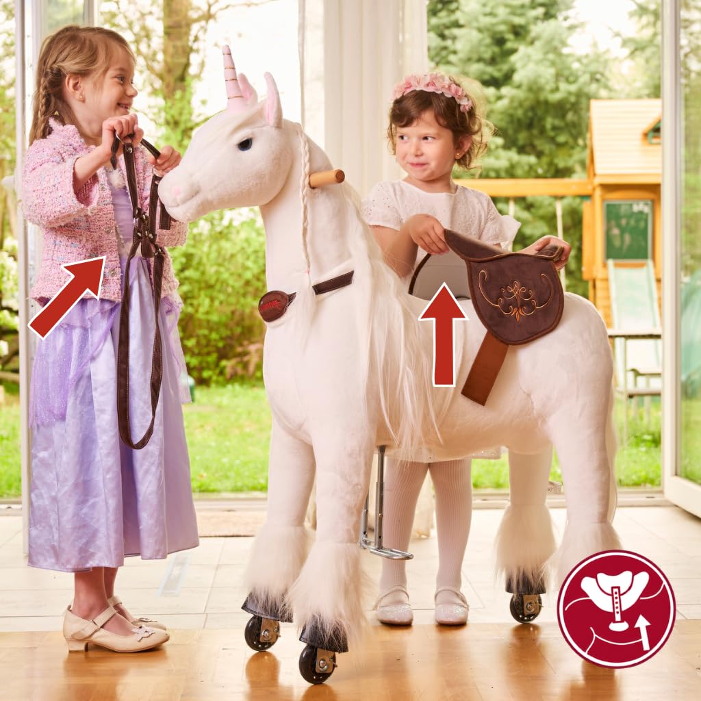 PONNIE Koń jeździecki na rolkach Unicorn M (5-12 lat), konik do zabawy konnej, ze zdejmowanym brązowym siodełkiem i uzdą, z uzdą, czesana grzywa i ogon, pluszowy koń do jazdy konnej dla dzieci