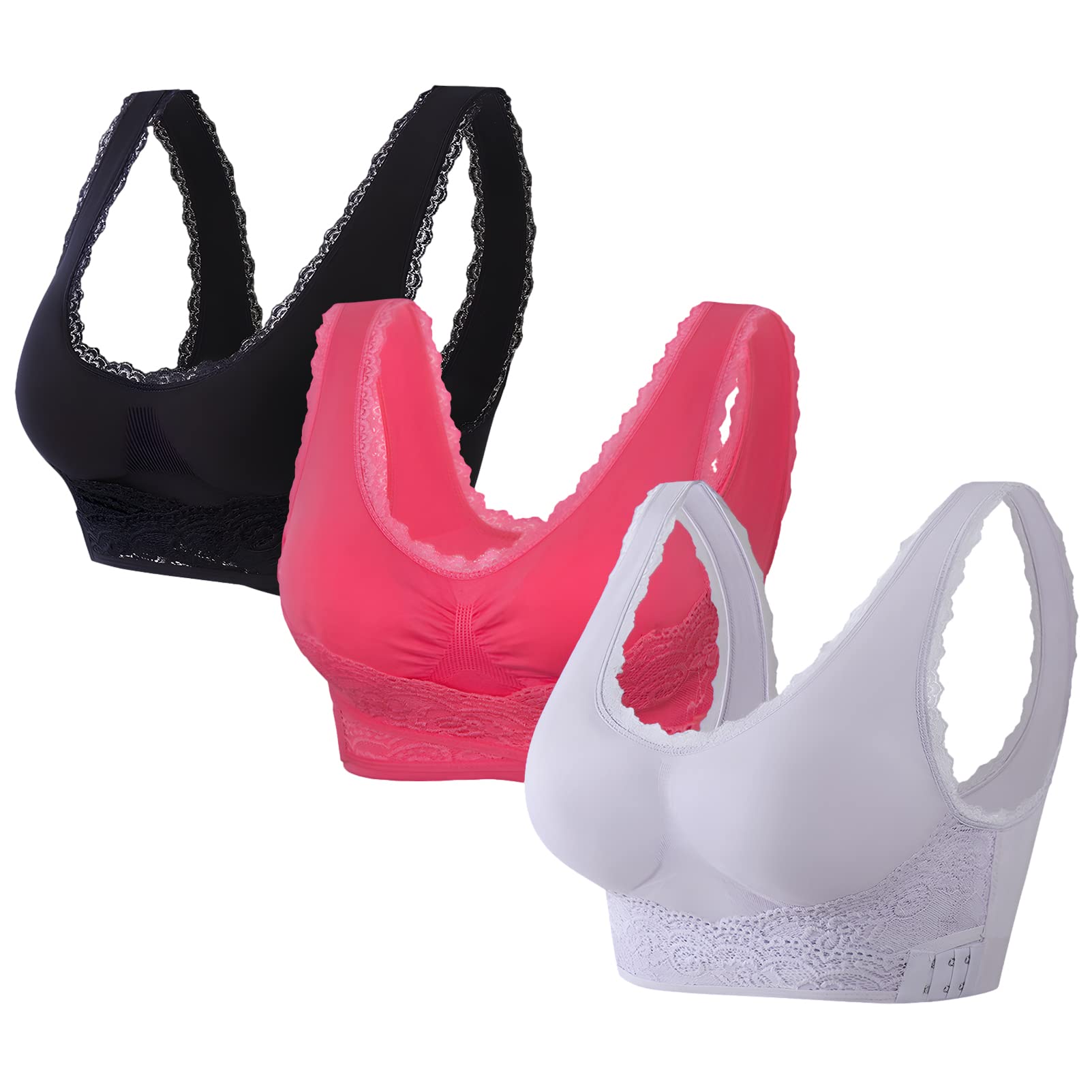 JamronWomens 3 Pack Cross Front Side Buckle Push Up Lace Bralette Wireless Yoga Sports Comfort Bra with Removable Pads (S-4XL)