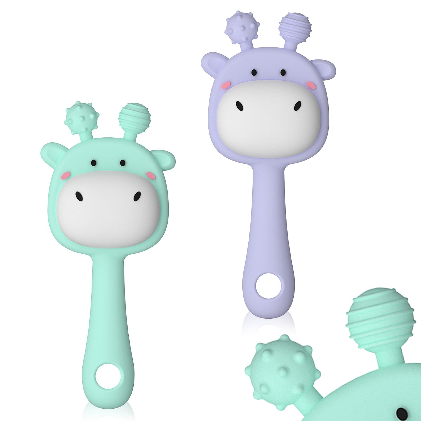 ABirdon Mordedor Bebe,2 Pack de Mordedor de Silicona con Sonajero,Juguete para la Dentición, Estimulación Sensorial y Masticación para Bebés de 0 a 3 Años