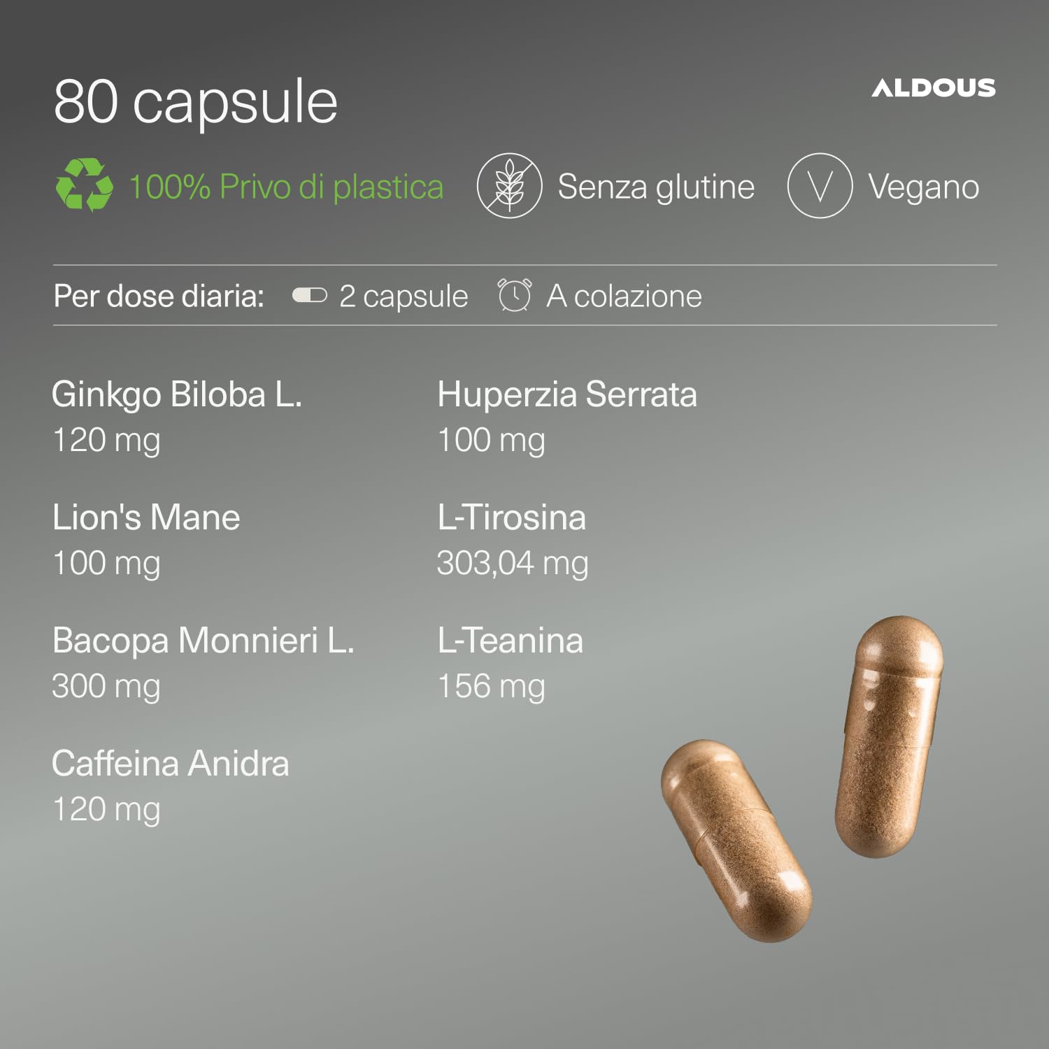 Nootropico - 80 Capsule - Con L-Tirosina, Bacopa Monnieri e Ginkgo Biloba Lions Mane, Caffeina, Tirosina, Teanina, Huperzia- Concentrazione, Memoria, Energia - per Cervello - Migliora Focus - ALDOUS