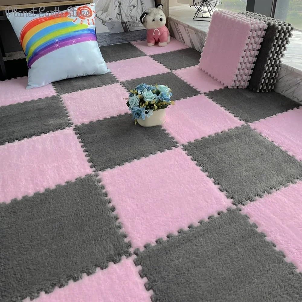 30CM Miękka Pluszowa Mata EVA Piankowa Puzzle, Mata Dywanowa Długie Włosy Dywan Puzzle, Interlock Keep Warm Playmat(Grey,20pc)