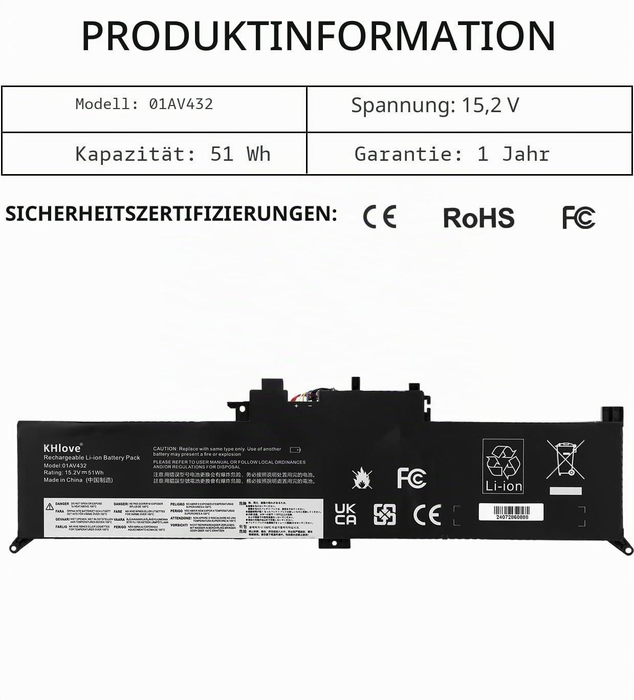 15.2V 51Wh 01AV432 Laptop Akku für Lenovo ThinkPad Yoga 260 00HW026 00HW027/370 X380 Series 01AV433 01AV434 SB10K97589 SB10K97590 SB10K97591 Battery