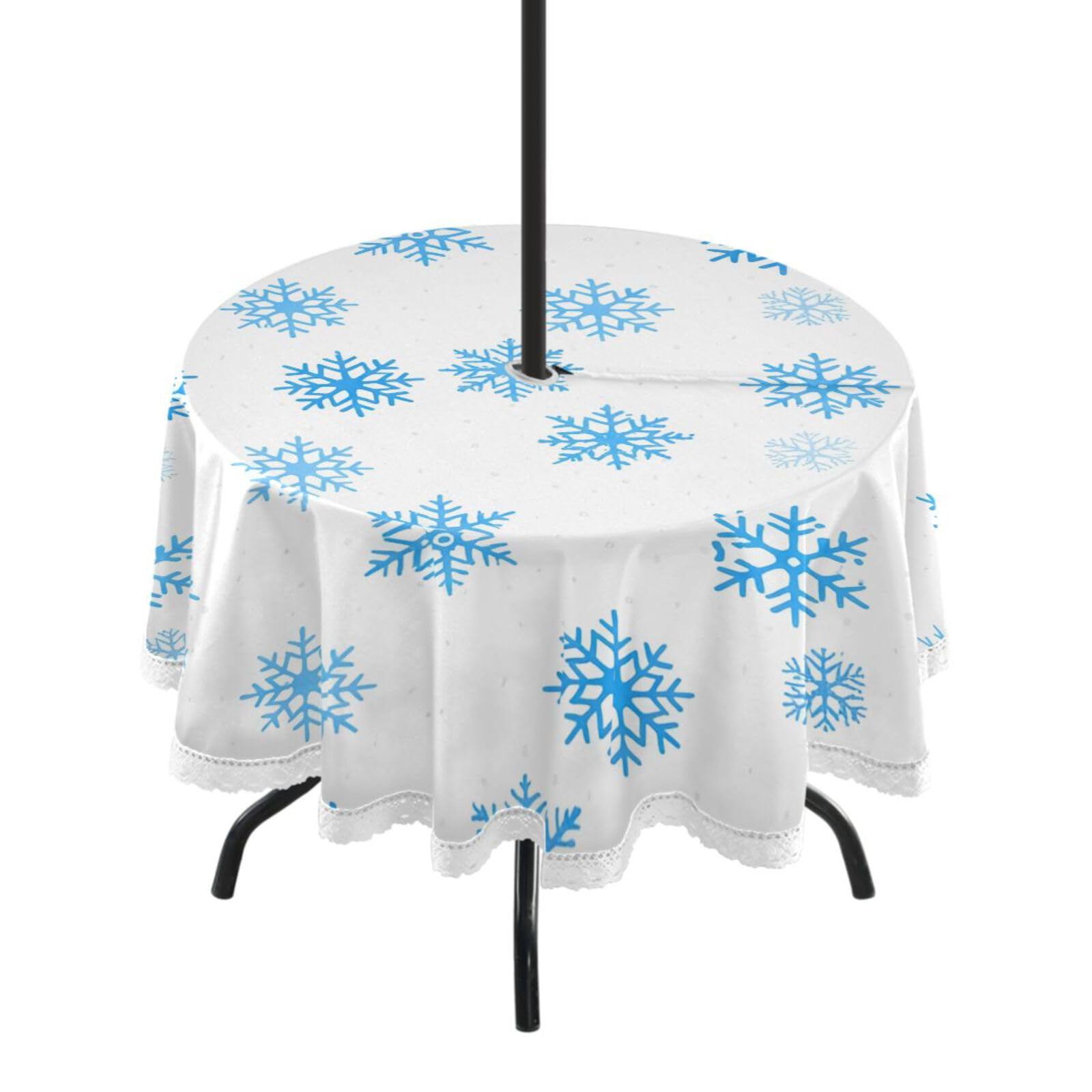 Ttgoth Snowflakes Outdoor Table Cloth 152 cm Water Stain & Resistan Tablecloth Wipeable Table Cover with Parasol Hole & Zipper for Garden Patio Party Picnic