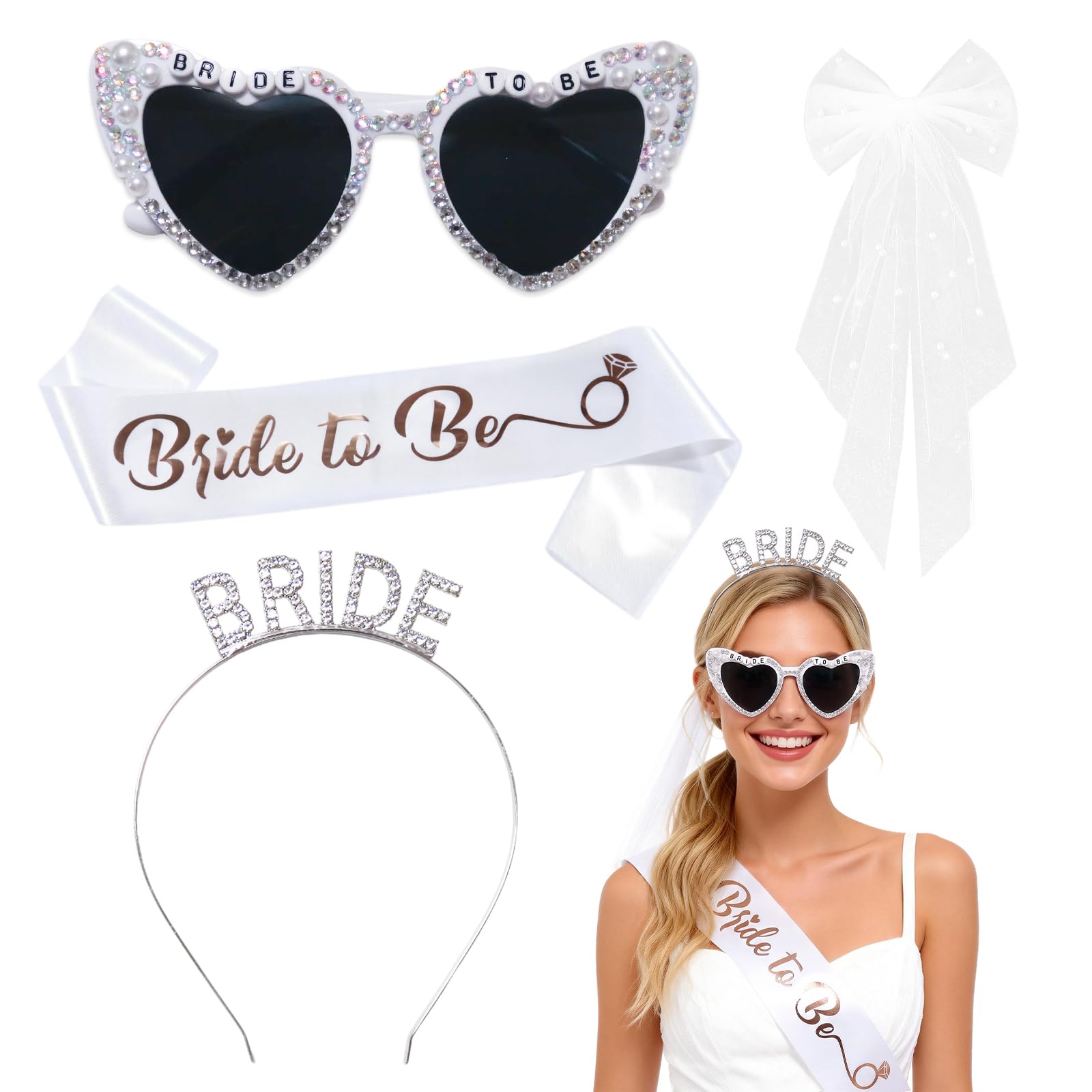 Stiedey 4pcs Bride to Be Accessories, Bride to Be Sash Sunglasses Headband Crystal Headband Bow Veil with Pearl, Hen Do Party Accessories for Bachelorette Party Hen Night Party Wedding