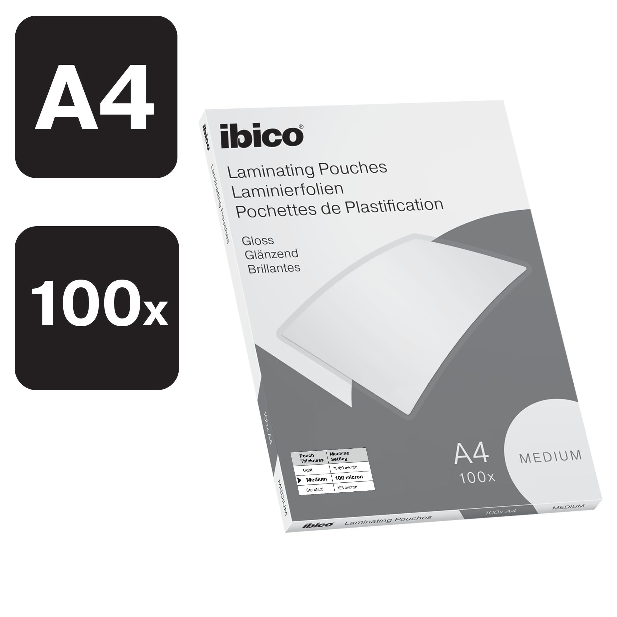 Ibico Pochette à Plastifier A4 200 Microns Brillante Coins Arrondis 21 x 29,7 cm 100 Pièces