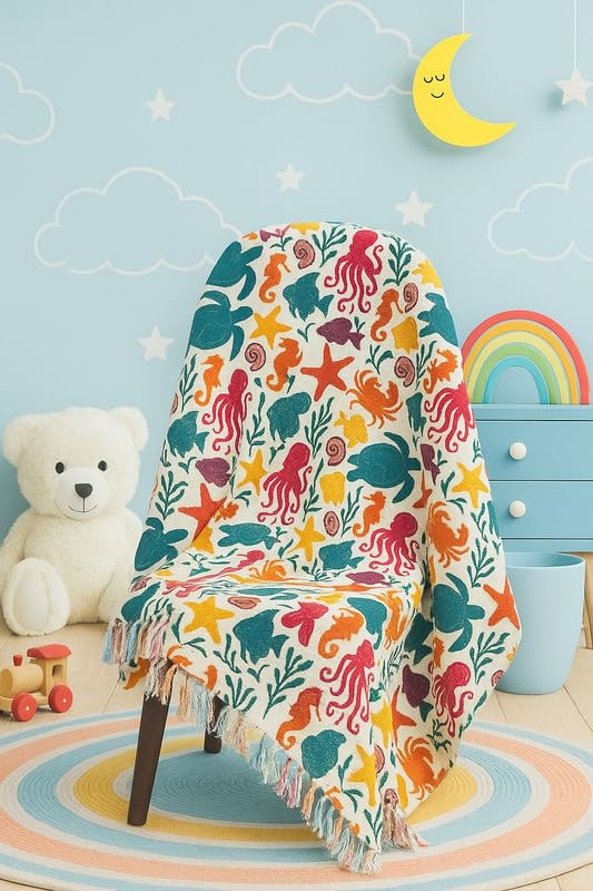 Image of Premium Cotton Sea Creature Printed Throw Blanket for Kids Room | 50x60 Inches Multicolor Design Throw for Sofa, Chairs, Bedroom & Home | Skin-Friendly & Lightweight