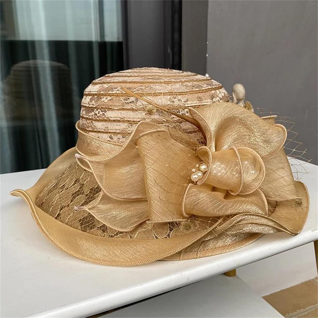 Yeuyyben Cappello da chiesa da donna, elegante, con fiocco a tesa larga, cappello da pescatore Fedora da donna estivo pieghevole