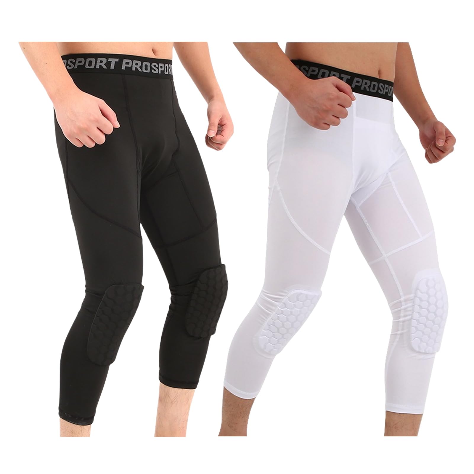 Shaiyou Men's Black+White Basketball Pants With Knee Pads 3/4 Compression Leggings, Cool Dry Wicking Athletic Base Layer Capri Tights Training Gym Workout Pants (,L)