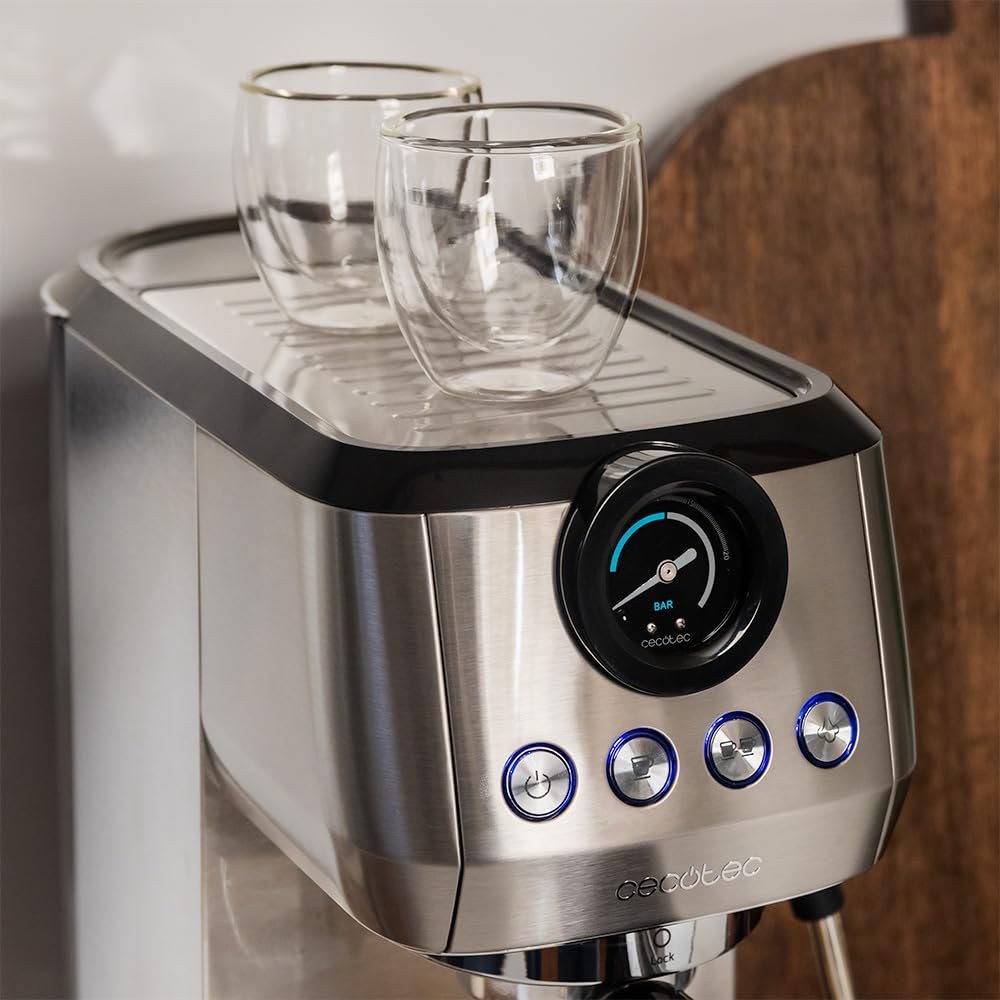 Cecotec Espressomaschine Compact Power Espresso 20 Steel Pro, 1350 W, 20 bar, Thermoblock-System, schwenkbarer Dampfgarer, Filterarm mit Doppelausgang und 2 Filtern, 1,3 Liter