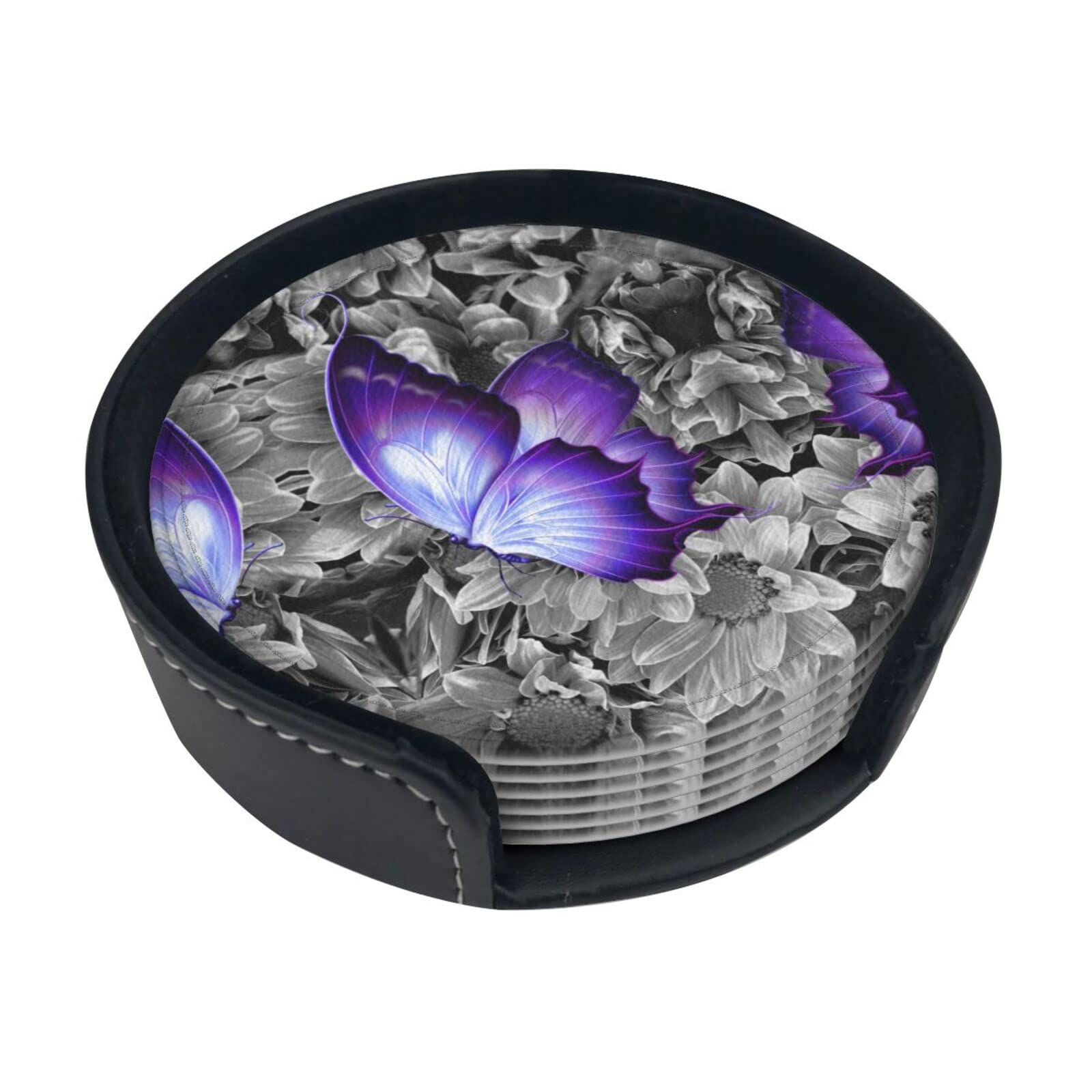 Coasters Set Of 6 Purple Butterfly Print Leather Coasters For Drinks,Home Décor And Housewarming Gift