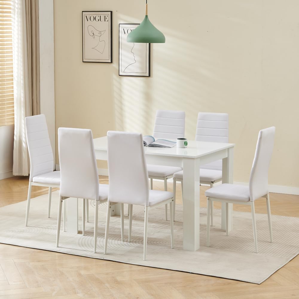 Menaka Wood Dining Table and Chairs White Set of 6, Small Rectangular Kitchen Dinner Table with 6 Seaters (Line White Leather Chairs, 120m high gloss white table, 6 seaters)