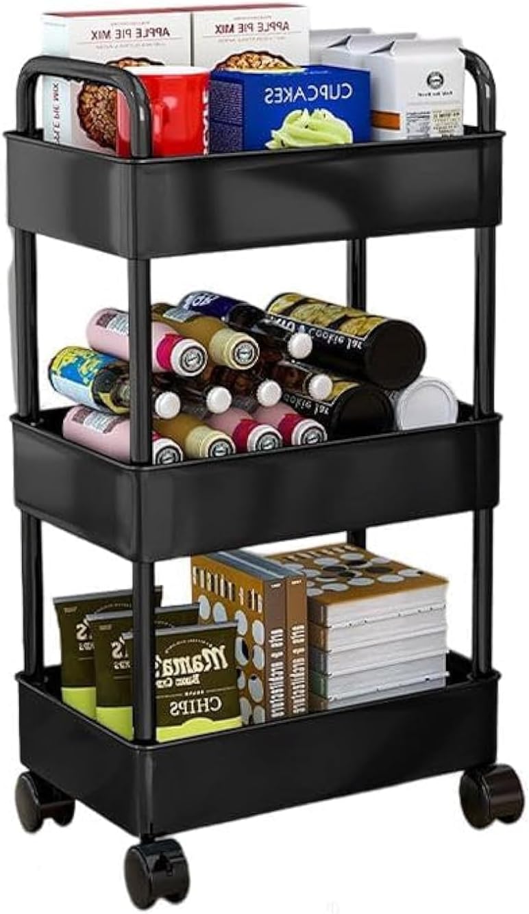 3 Tier Rolling Cart Organizer,Plastic Rolling Storage Shelves with Handle & Lockable Wheels,Multifunctional Utility Cart Storage Cart for Office,Bathroom,Kitchen,Living Room,Kids Room (Black)