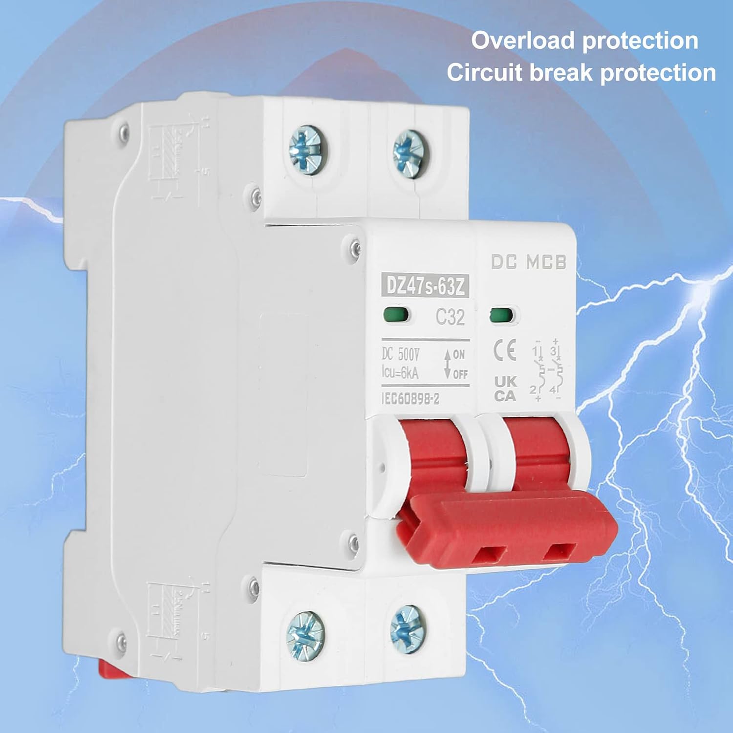 DC Miniature Circuit Breaker, 2 Pole 500V 32A | Solar PV Isolator | Din Rail Mount | Thermal Magnetic Trip | Low Voltage | C32