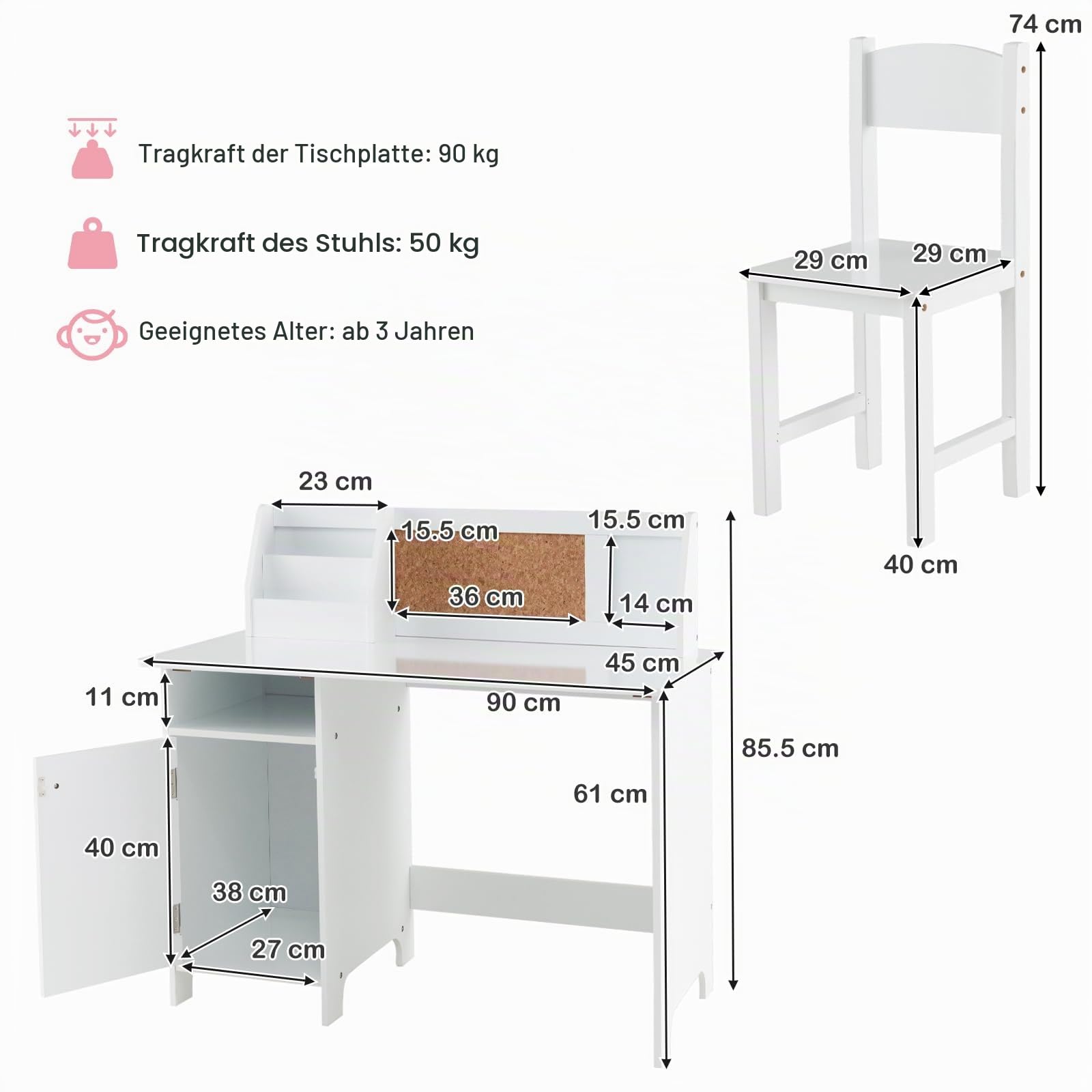 LIFEZEAL Kinderschreibtisch mit Holzstuhl, Lerntisch mit Ablagefach und Tafel, Kindersitzgruppe ab 3 Jahren, Kinderschreibtisch Kinderzimmer für Junge Mädchen (Weiß)