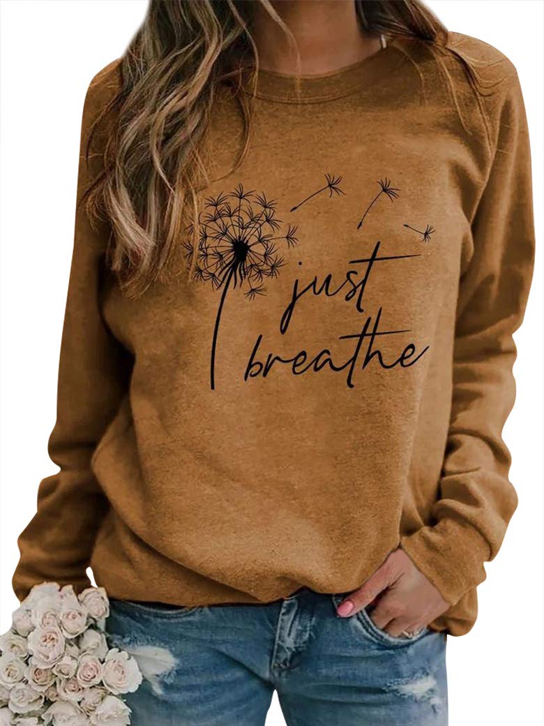 RMCMS Women Just Breathe Letter Print Dandelion Graphic Pullover Sweatshirt Crew Neck Long Sleeve Sweatshirt Top, Khaki, Large