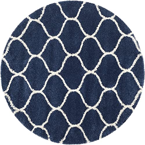Image of Handwoven Microfibre 3D Rug for Living Room (Navy Blue & Ivory Moroccan, 8 X 8 Feet (Round), Microfibre)