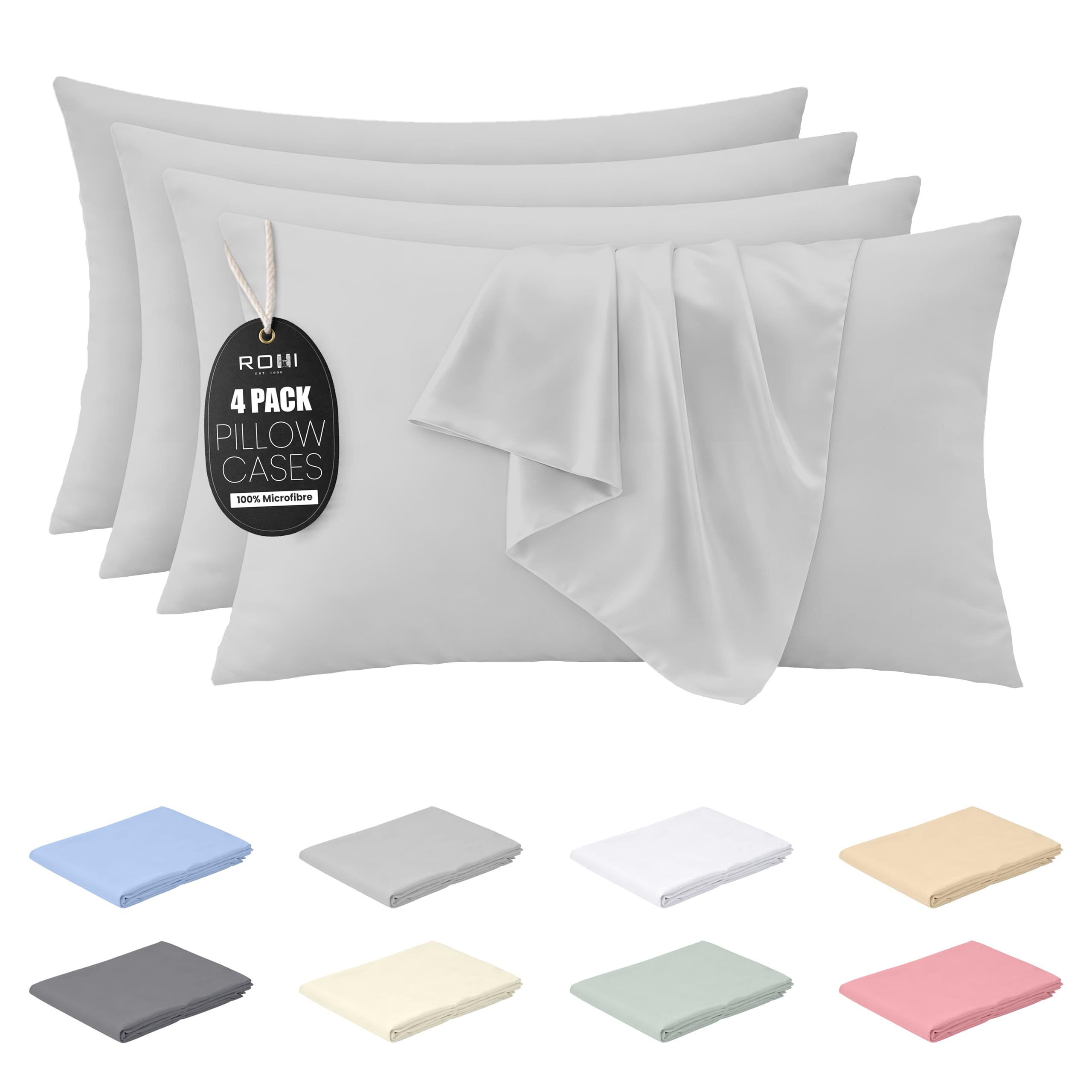 Rohi Silver Microfibre Pillowcases 4 Pack – Soft & Smooth Envelope Closure Pillow Covers – Fade Resistant & Breathable Pillows Cases – Standard Size (50X75 Cm)