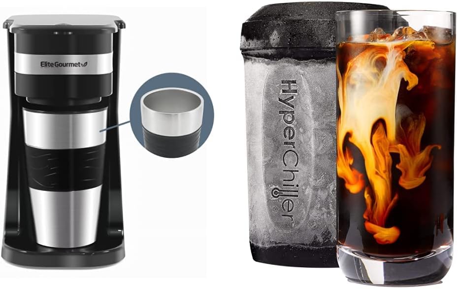 Elite Gourmet EHC111A 14oz Single-Serve Compact Coffee Maker, Stainless Steel Mug + HyperChiller HC2 Patented 12.5Oz Instant Coffee/Beverage Cooler Chiller, Iced Tea, Wine, Spirits, Juice, Black