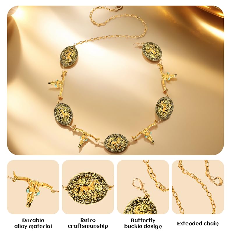 Western Style Chain Belt with Horse Medallions and Longhorn Skulls3