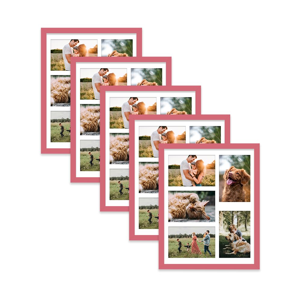 Pink Multi Photo Frame - Holds 5 x 6x4 Pictures, Family Collage Picture Frame for Wall Display, 14x11 Frame size, Set of 5