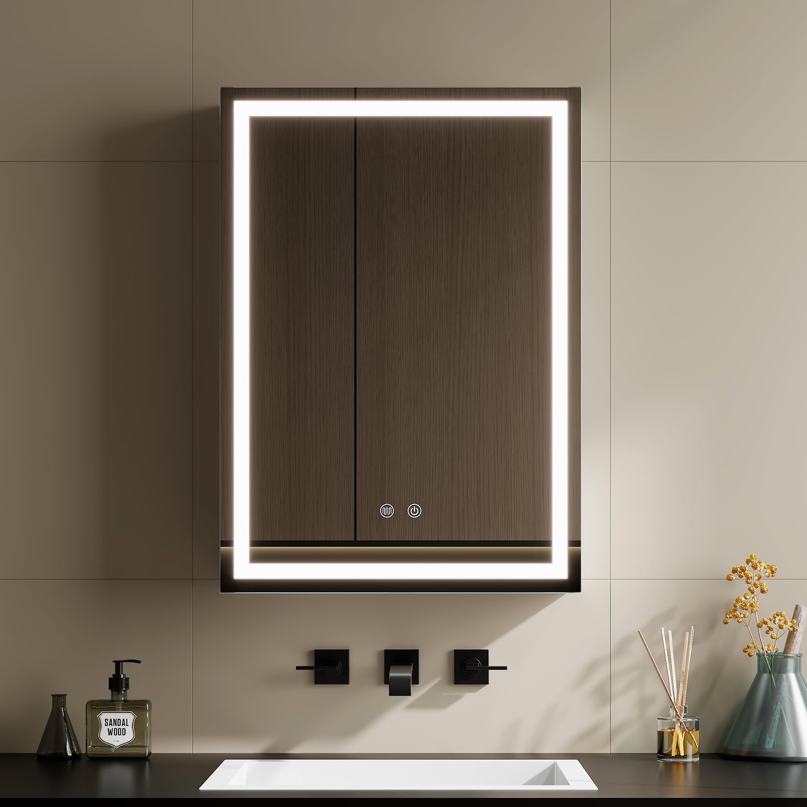 Warmiehomy Bathroom Mirror Cabinet with Lights,50x70cm 3-color Dimmable LED Illuminated Bathroom Mirror Cabinets with Shaver Socker Defogger Touch Switch One Door,White Frame