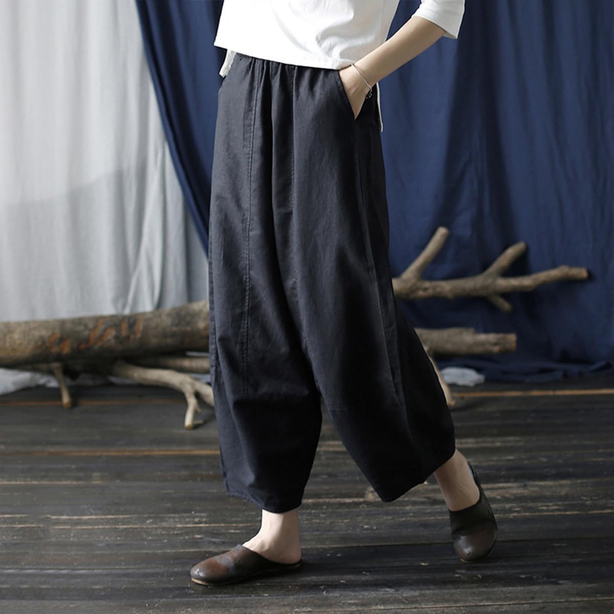 Ystylee Women's Cotton Linen Capri Pants with Pockets Wide Leg Cropped Baggy Pants for Women