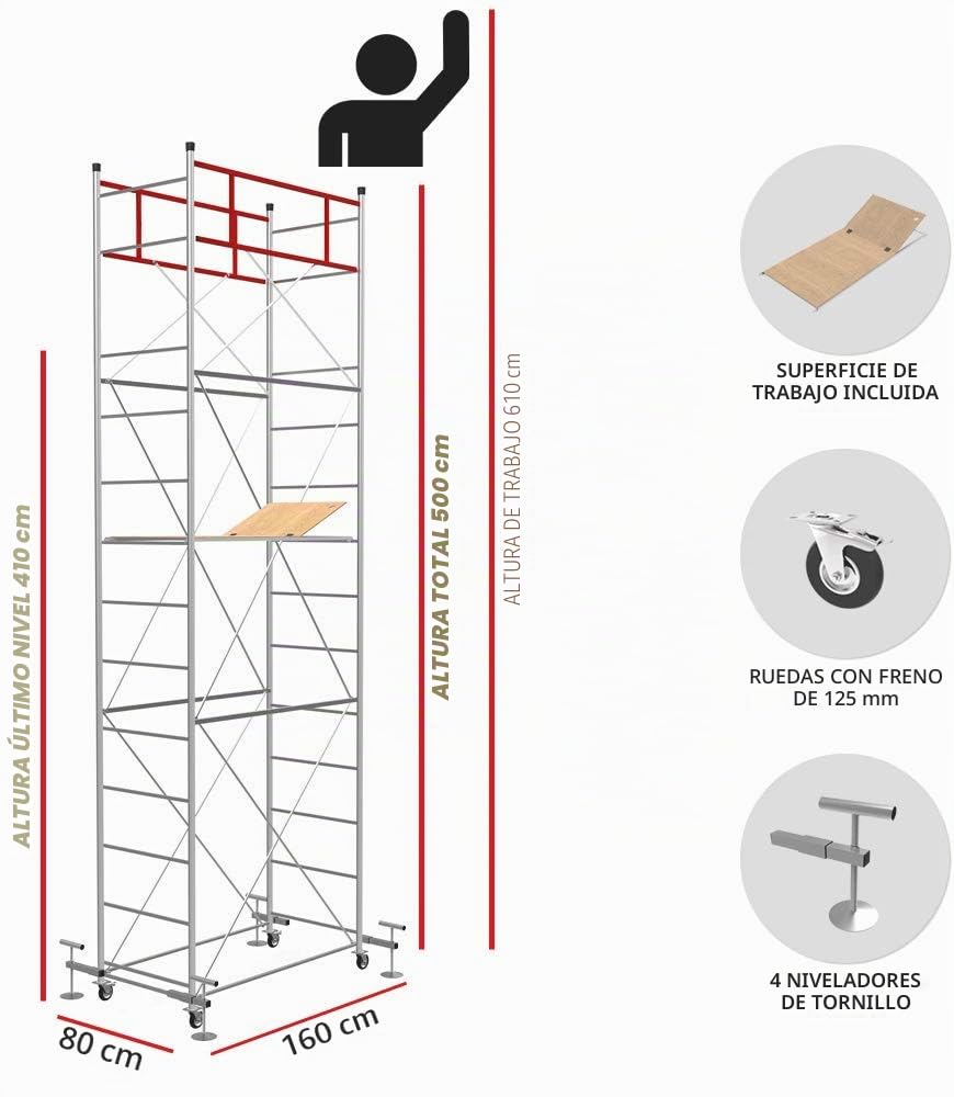 Andamio de acero con una altura de trabajo de 6,10m - Modèle FAST con 4 Jack de nivelación - Made in Italy - SCEDIL
