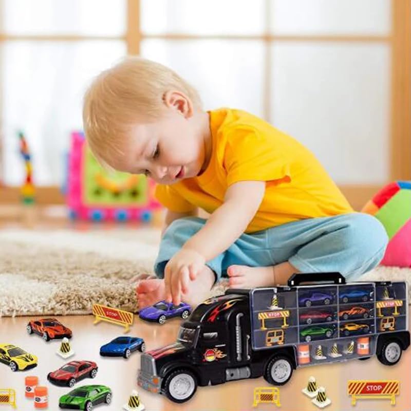 Miniatura 5 de Camión transportador de automóviles de juguete, con 6 elegantes autos de carreras de metal, con funda de transporte, señales de tráfico y más,