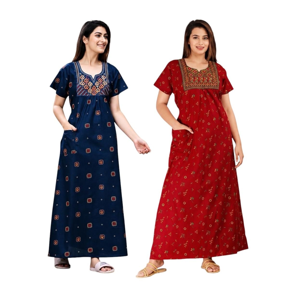 Pure Cotton Embroidery Nighty for Women, Jaipuri Print Maxi Nightdress with Pocket, Sleepwear Night Gown Pack of 2-image-23