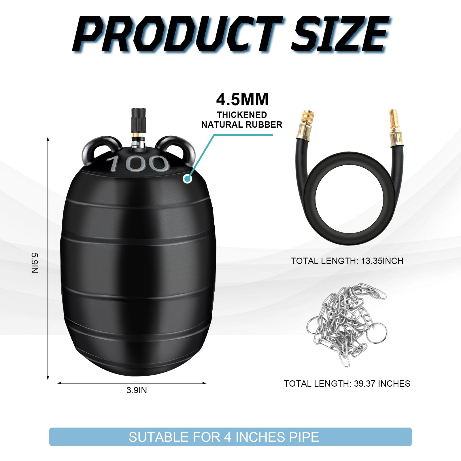 4 Inch Inflatable Pipe Plug Sewer Test Plug with 39.37" Hose and Chain, Inflatable Balloon Rubber Plug for Water Pressure Testing, Water Flow Blocking, and Pipe Leak Inspection - 3