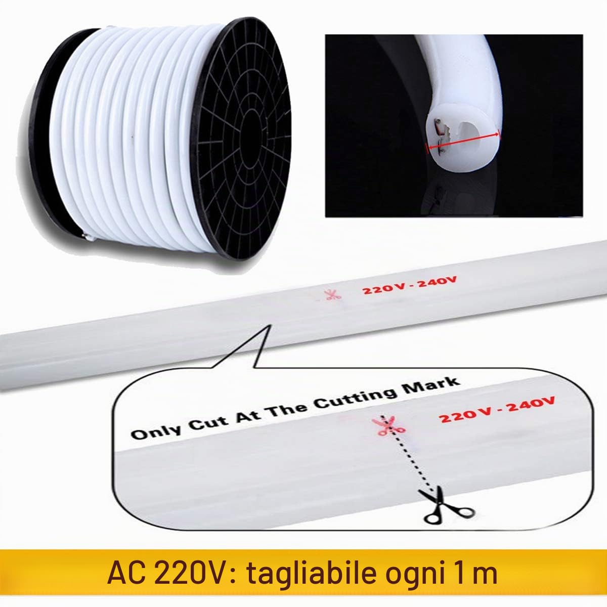 5m Striscia al neon rotonda, 360° luminescente - Bianco Caldo, Striscia flessibile LED, Striscia luminosa LED 2835, 220V, IP65 impermeabile, DIY decorazione