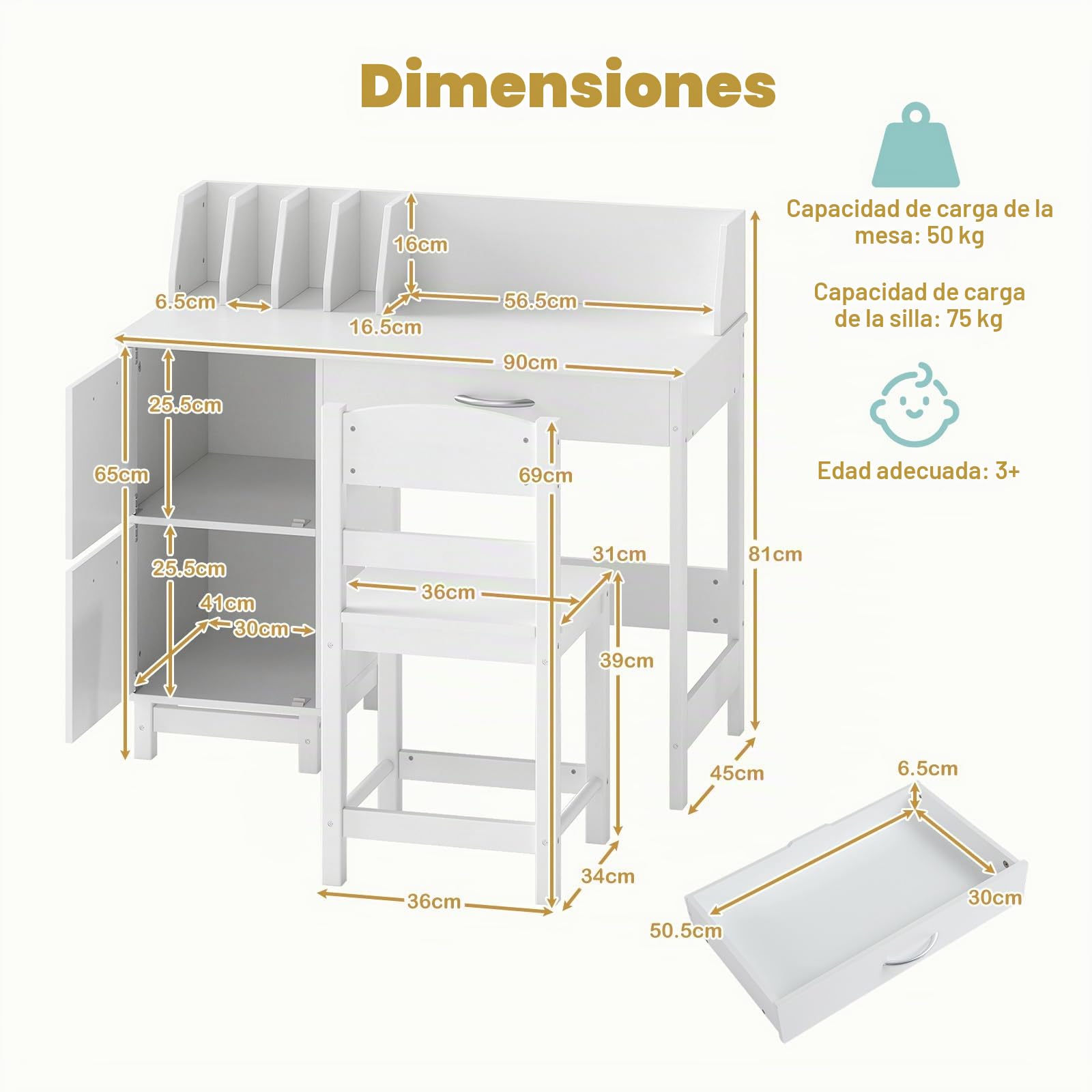 LIFEZEAL Juego de Escritorio y Silla para Niños, Conjunto de Mesa con Silla ergonómica, Escritorio Infantil con estantería para Libros y cajones para Estudio y Escuela, Edad 3-8 años (Blanco)