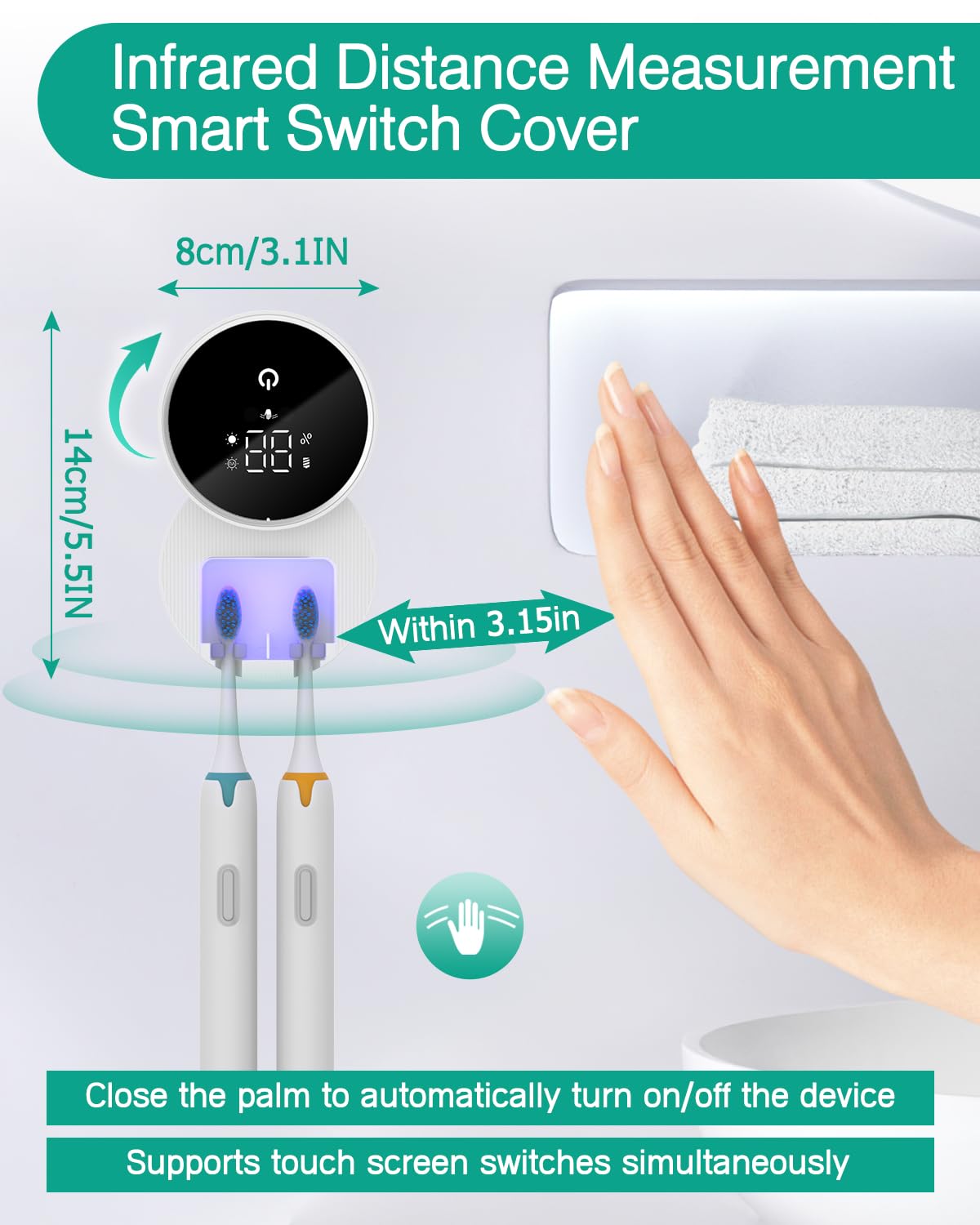 ORIA Desinfectante para Cepillos de Dientes, Soporte Portátil para Cepillos de Dientes Eléctricos y Manuales con Esterilización Programada, Pantalla LED, Recargable para Viajes, Hogar y Negocios