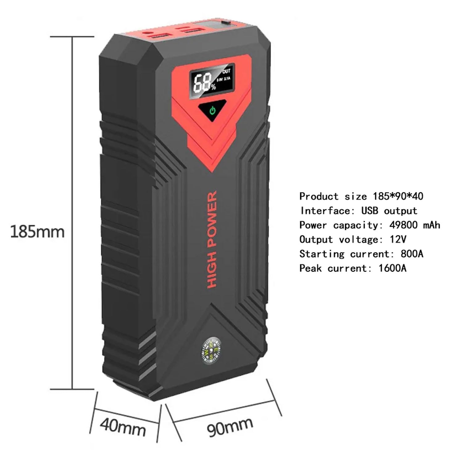 Avviatore di emergenza Power Pack, Avviatore di emergenza per batteria per auto da 1600 A con luce LED, Alimentatore di avviamento di emergenza portatile per veicoli da 12 V Con clip per batteria inte