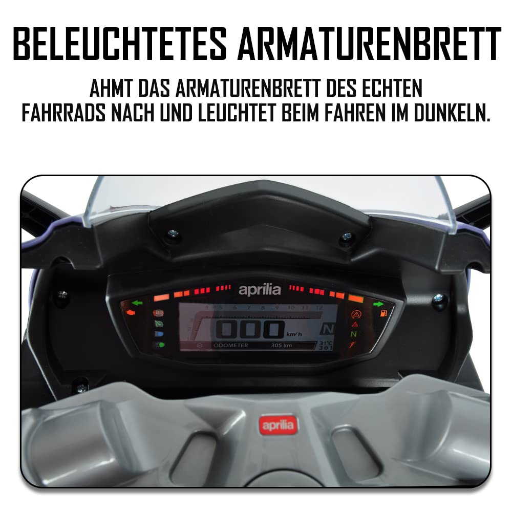 Kinder Elektro-Motorrad Aprilia RS660 12V Batterie MP3 Realistischer Sound und Lichter mit Stützräder 3-8 Jahre (Schwarz)