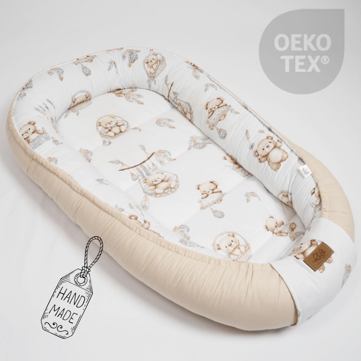 PaLulli® Nido de bebé extra grande 100x60 cm de algodón | Nido de osos suave de dos lados para bebés | Hecho a mano, transpirable y seguro (Oso Beige)