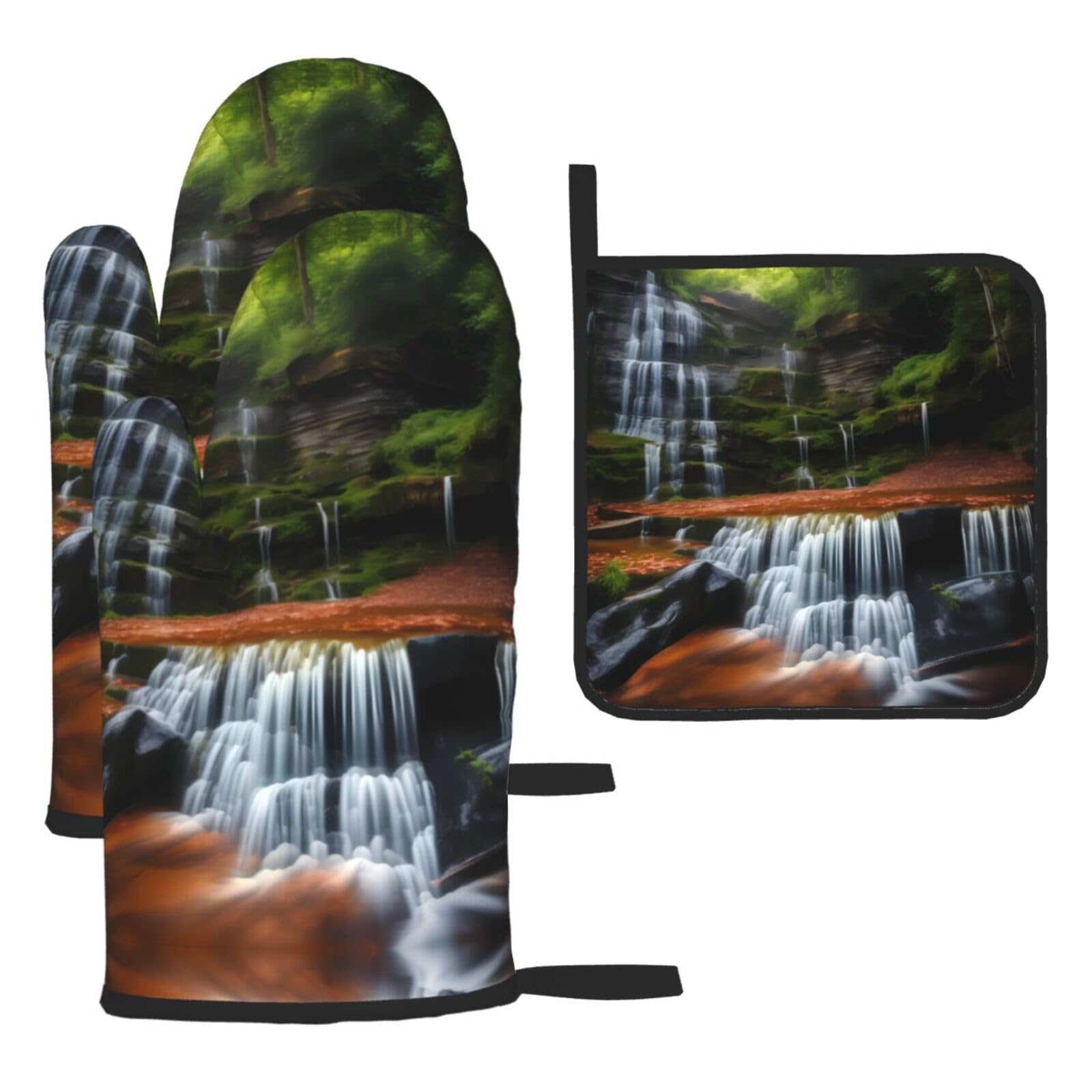 Waterfall View Oven mittens and oven mitts three-piece set suitable for oven, grilling, baking, microwave and home cooking.