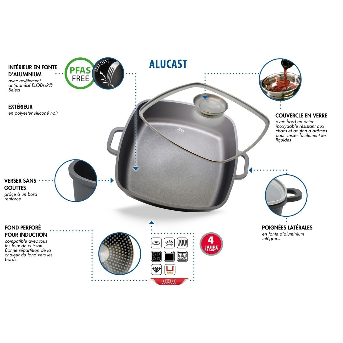 Mijoteuse Carrée Elo 28 Cm Avec Couvercle Verre - Fonte D'Aluminium Anti-Adhésive ILAG, Tous Feux Dont Induction, Four 240°C