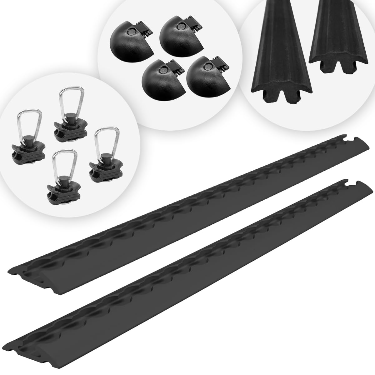 Airlineschienen mit Endkappen, Fittingen und Abdeckprofile | 1.000 mm, schwarz KTL-beschichtet, gebohrt, Halbrund, 50 x 11,5 mm | Zurrschiene | für Transporter, Wohnwagen, (Starterset 1.4)