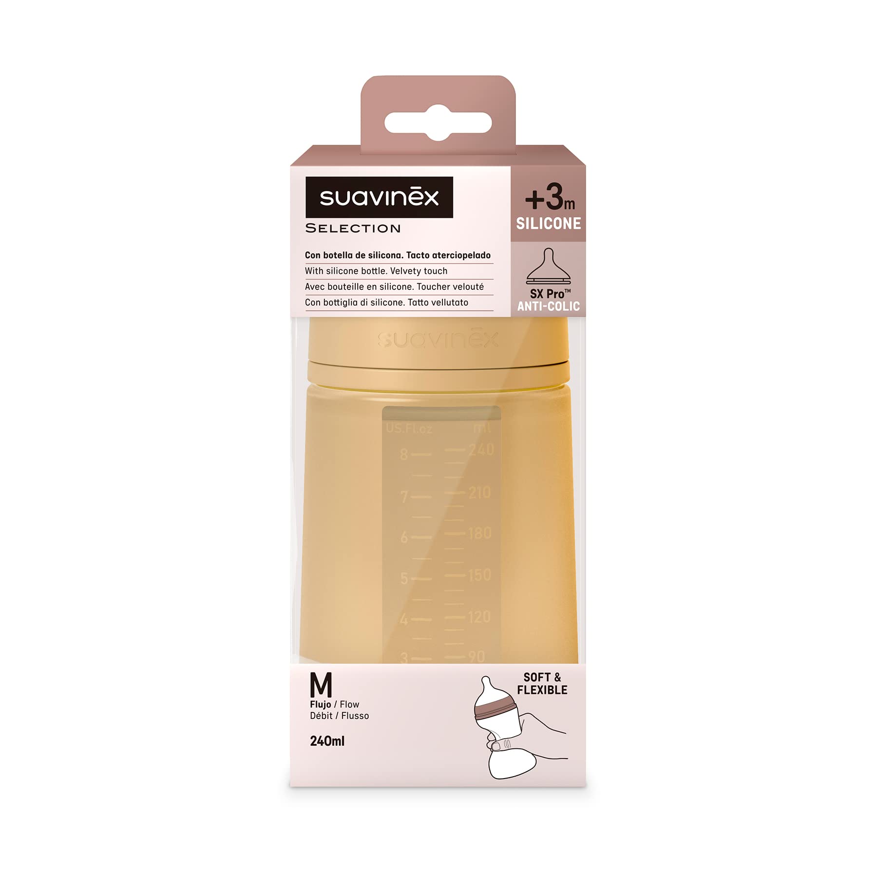 Suavinex, biberon in silicone da 240 ml, con tettrella in silicone SX Pro simmetrica, con valvola anticolica, biberon a flusso medio (M). Per bambini +3 mesi. Linea Colour essence. Mango
