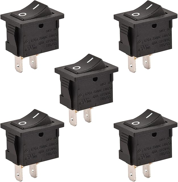 Heschen Black Rectangle Rocker Switch ON-OFF SPST 2 Position 2 Terminals 6A 250VAC/125VAC UL VDE 5Pack